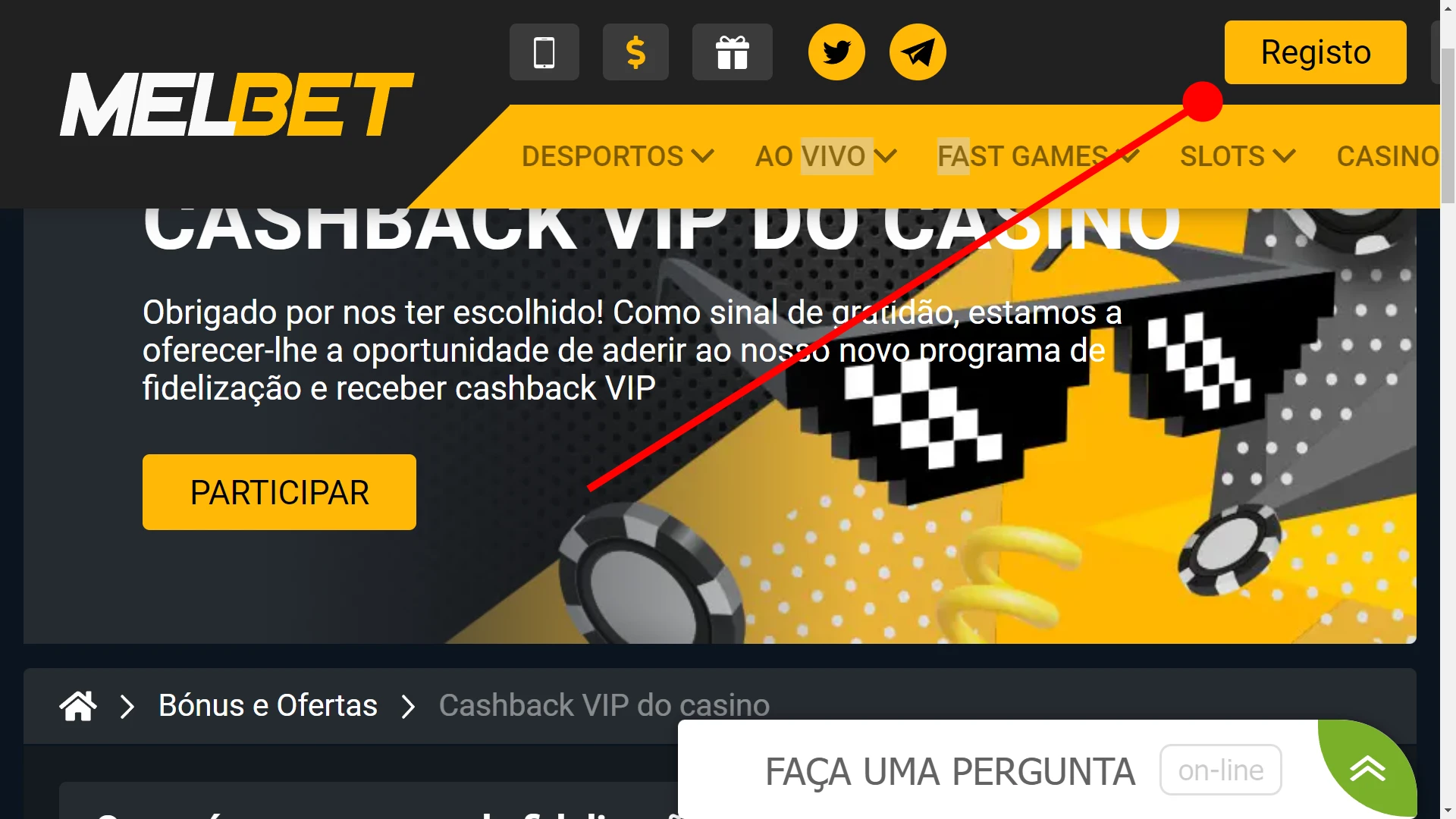 Encontre o botão para se registrar no Melbet.