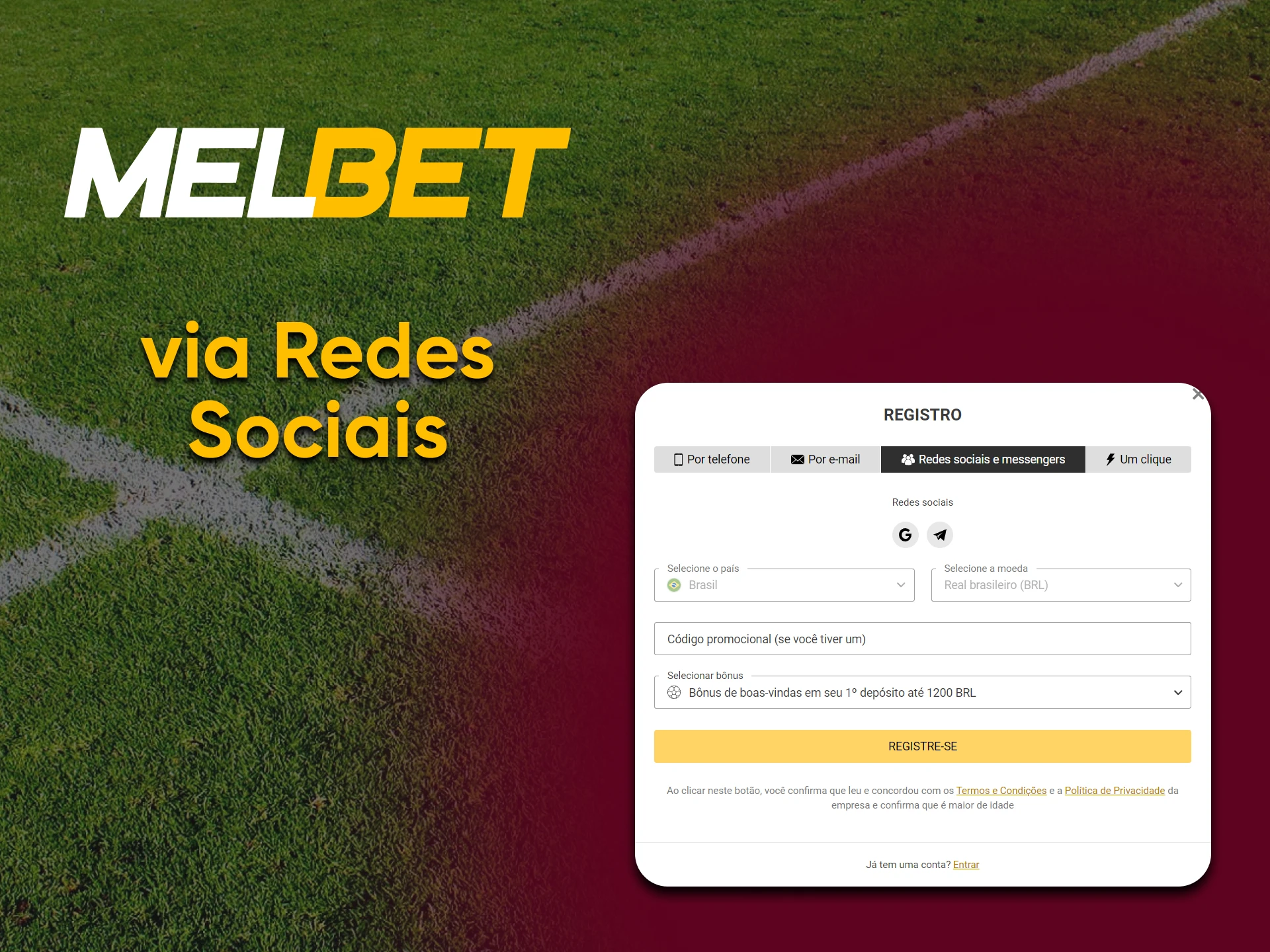 Para se registrar no Melbet você pode usar as redes sociais.